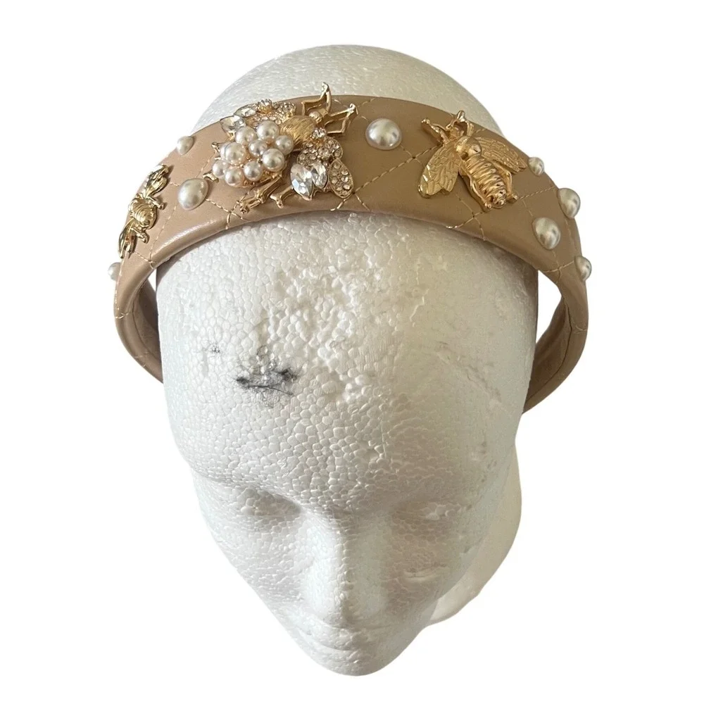 Women's Quilted Tan Faux Leather Headband with Gold Bee and Pearl Embellishments